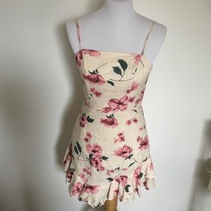 Angel Biba floral mini square neck dress with ruffles and bow ties back closure